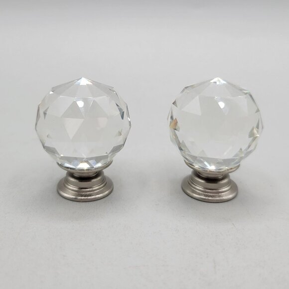 Faceted Crystal Glass Round Drawer Knobs Brushed Silver Base Set of 2 - Picture 2 of 6